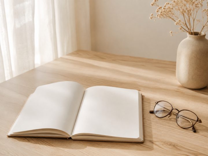 木の机に開かれた白紙のノートと、脇に置かれた眼鏡