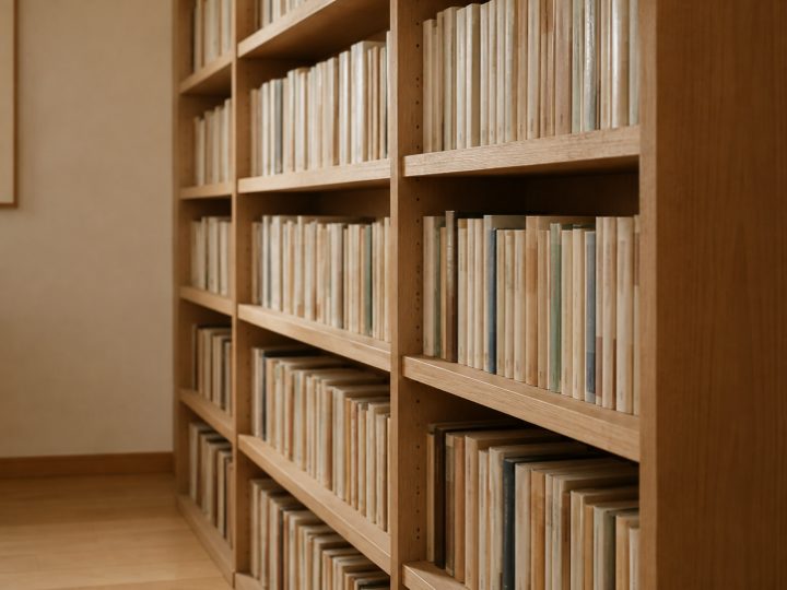 背の高い木の本棚に、同じような高さの本が整然と並んでいる