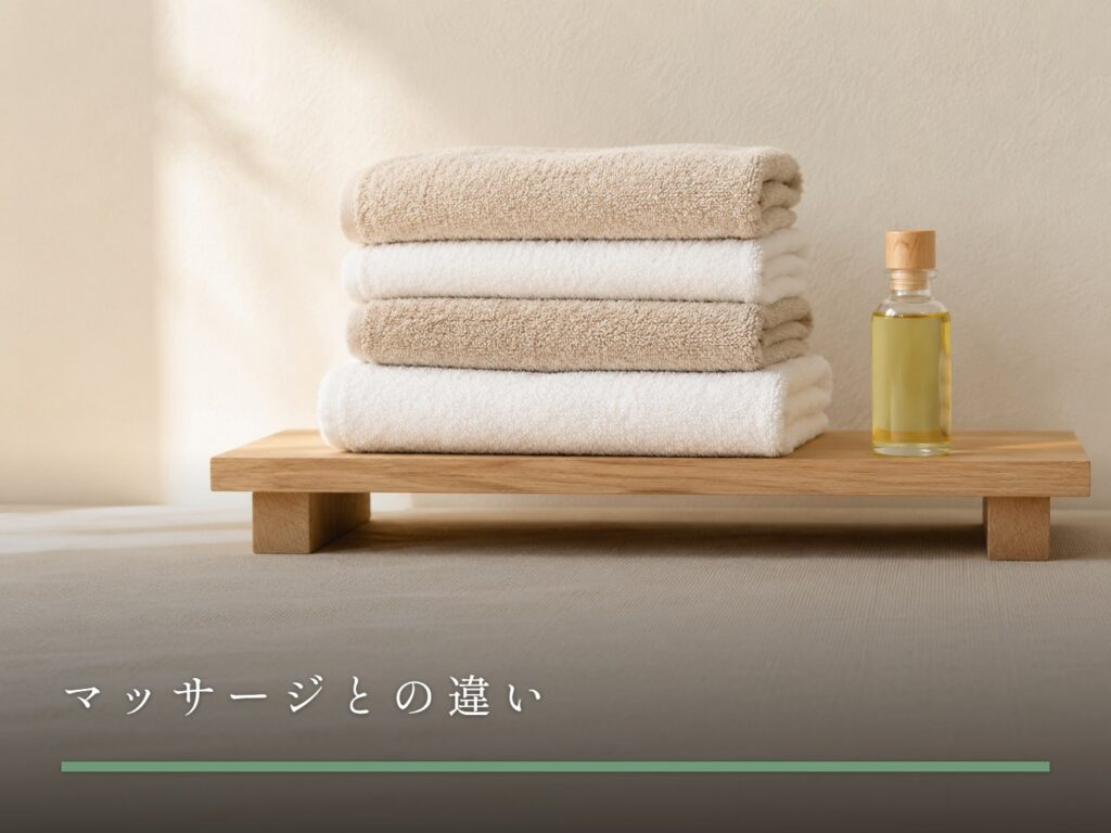 木の台に畳んで重ねられた白とベージュのタオルと、小さなガラスのオイル瓶（マッサージとの違い）