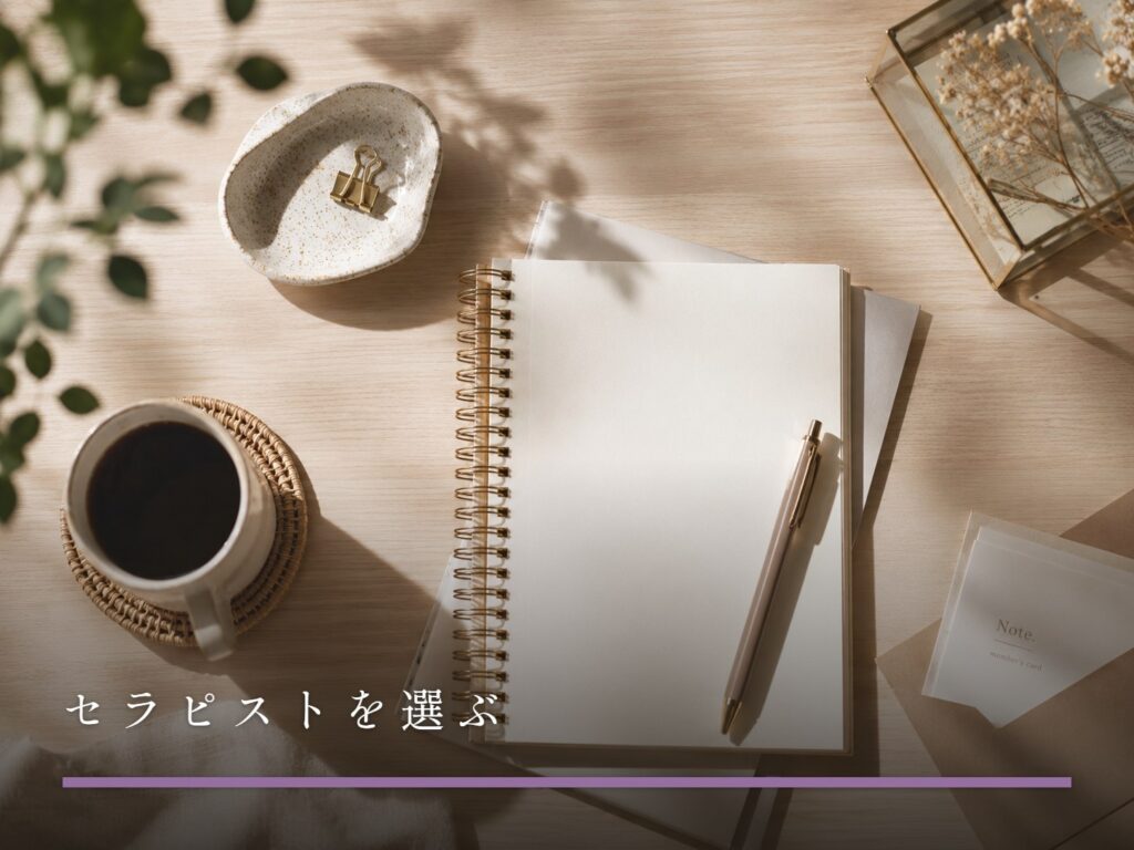 ノートとペン、コーヒーが置かれた机。女風のセラピストを選ぶ前に考えを整理するイメージ（セラピストを選ぶ）