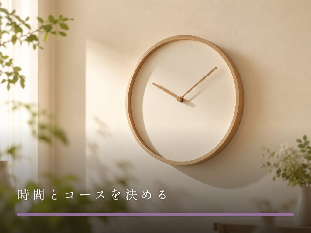 淡い色の壁に掛かった木製の丸い掛け時計（時間とコースを決める）