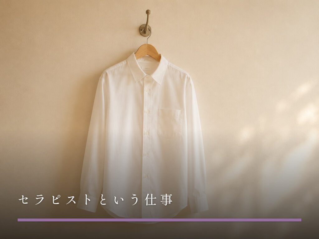 壁のフックに掛けられた木製ハンガーと、アイロンのかかった白いシャツ（セラピストという仕事）