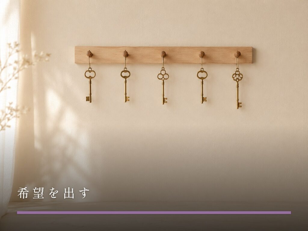 木のフックに並んで掛かった数個の鍵（希望を出す）