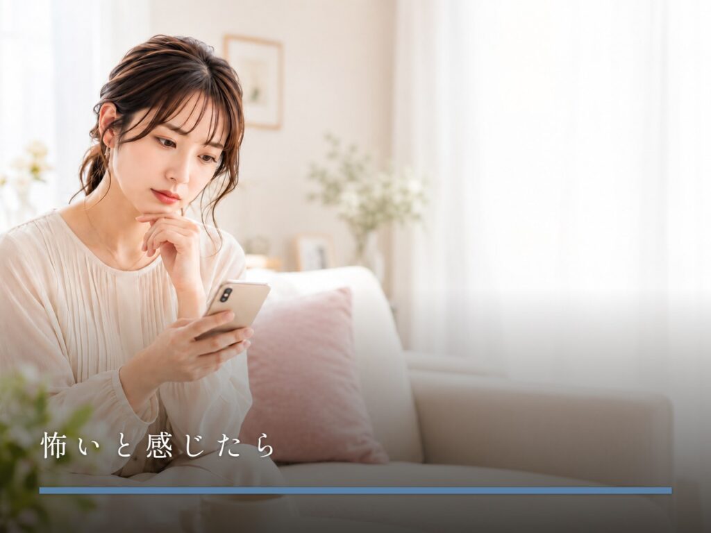 ソファに座り、スマートフォンで女性用風俗について調べている女性（怖いと感じたら）