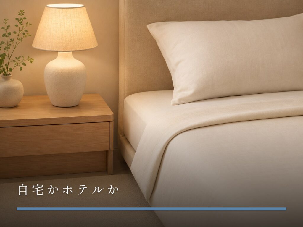 整えられたベッドの角と、サイドテーブルに置かれた布シェードの小さなランプ（自宅かホテルか）