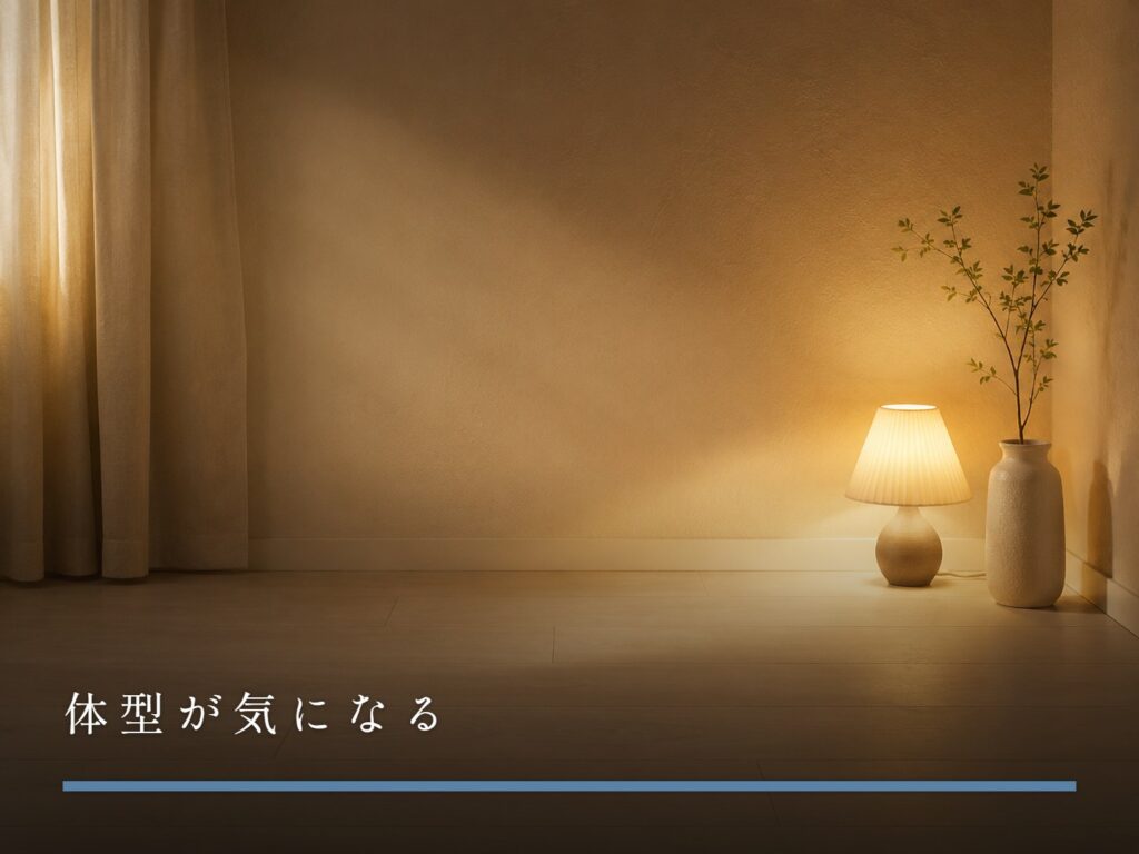 照明を落とした部屋の隅と、床に広がるやわらかい光だまり（体型が気になる）
