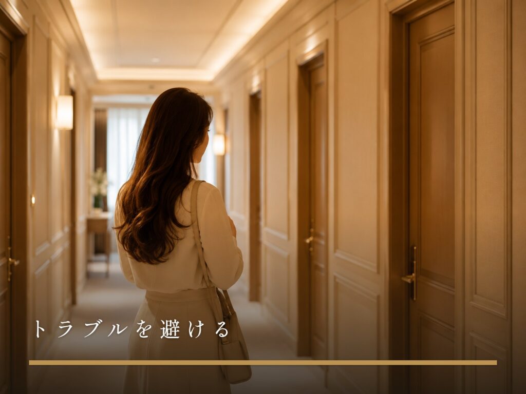 ホテルの廊下を歩く女性の後ろ姿。女風の利用時のプライバシーへの配慮を表すイメージ（トラブルを避ける）