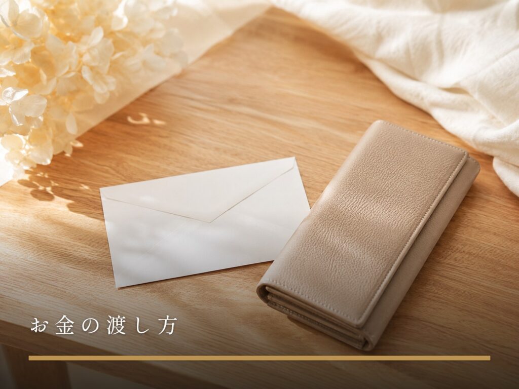 木のテーブルに並べて置かれた白い封筒とベージュの長財布（お金の渡し方）