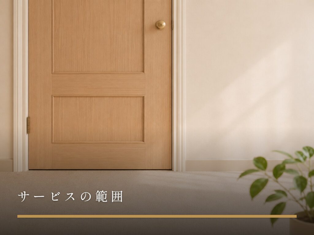 閉じた木の扉と真鍮のドアノブ、脇に置かれた鉢植えの葉（サービスの範囲）