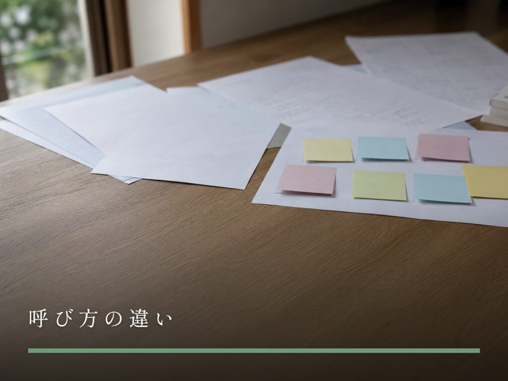 机に広げた紙面と、付箋の貼られたページ（呼び方の違い）