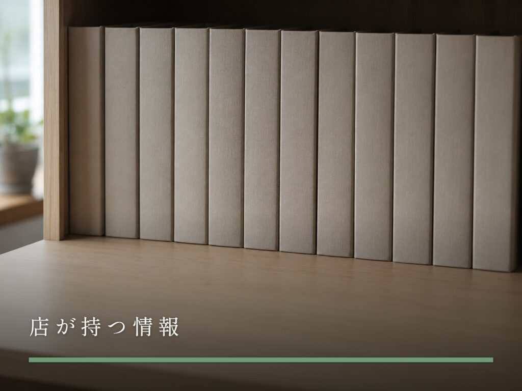 棚に立てて並べられた、背表紙に何も書かれていない同じ大きさのファイル（店が持つ情報）