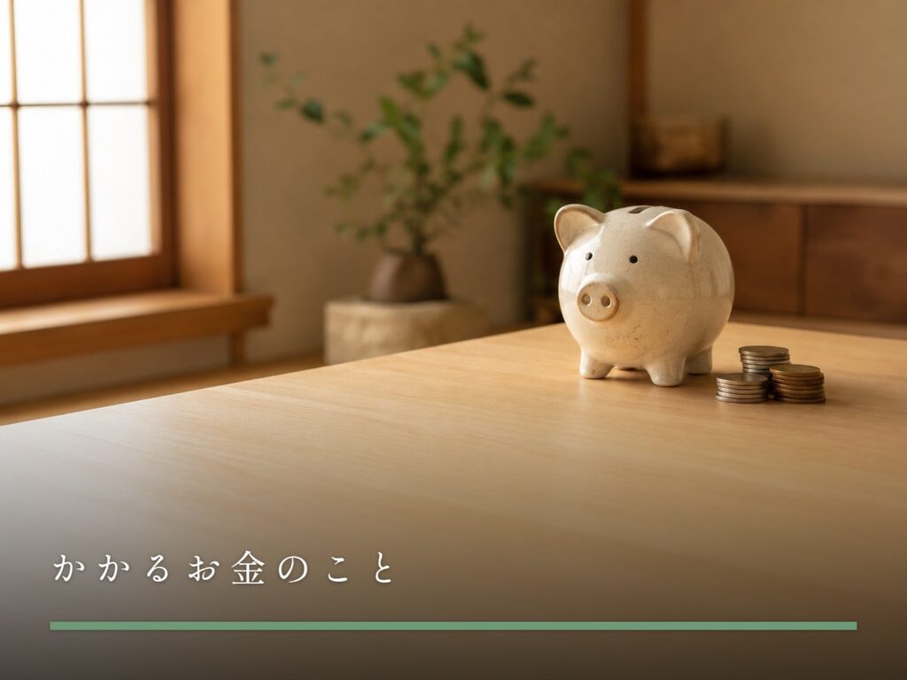 陶器の貯金箱と、その横に積まれた数枚の硬貨（かかるお金のこと）