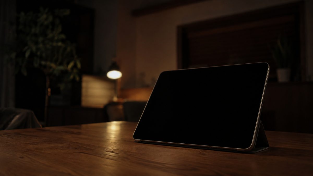 夜のテーブルに置かれた、画面の消えたタブレット