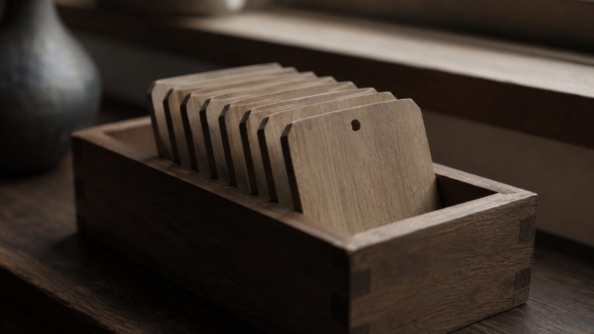 木の箱に入った、同じ形の無地の札が数枚