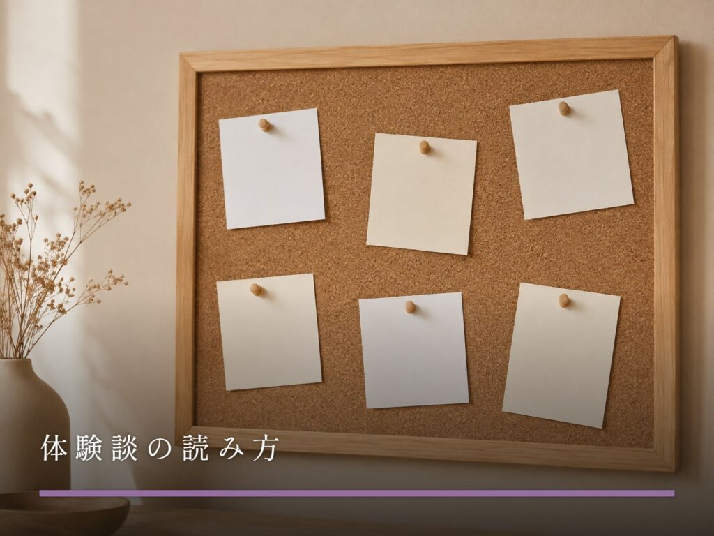 壁のコルクボードに画鋲で留められた無地のメモ用紙が数枚（体験談の読み方）