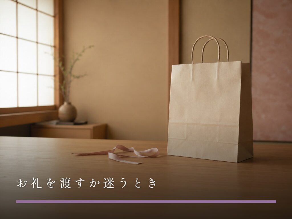 テーブルに置かれた無地の紙袋と、まだ結ばれていないリボン（お礼を渡すか迷うとき）