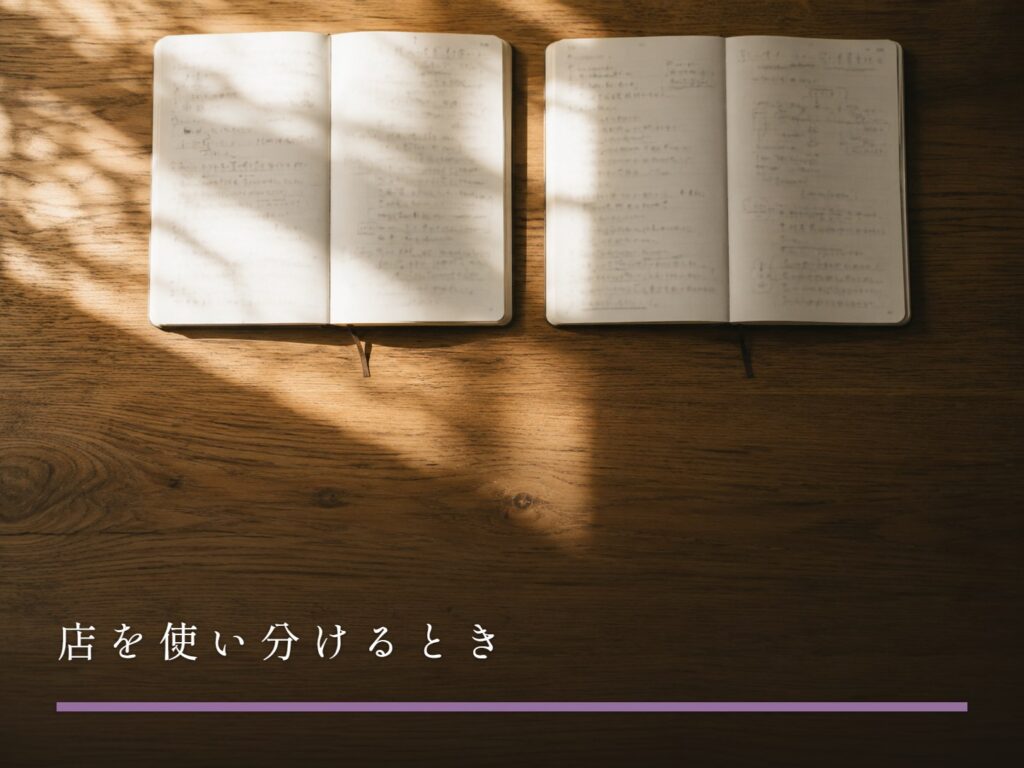 机の上に並べて開かれた、二冊のノート（店を使い分けるとき）