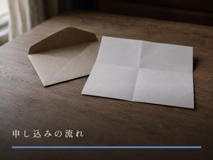 木の机に置かれた、封を開けた封筒と折り目のついた一枚の紙（女風の申し込みの流れ）