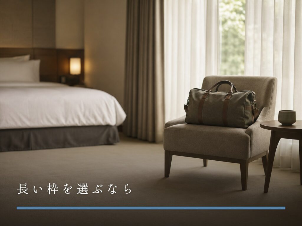 ホテルの部屋の椅子に置かれた、一泊分のボストンバッグ（長い枠を選ぶなら）