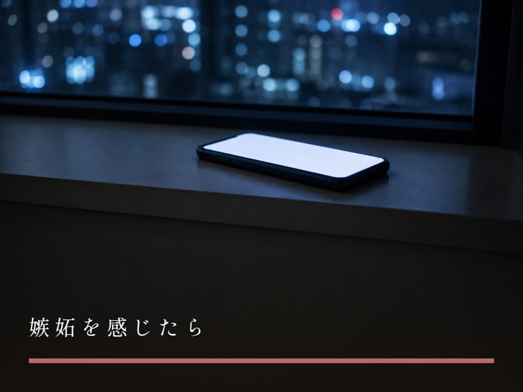 夜の窓辺に置かれた、画面のついたままのスマートフォン（嫉妬を感じたら）