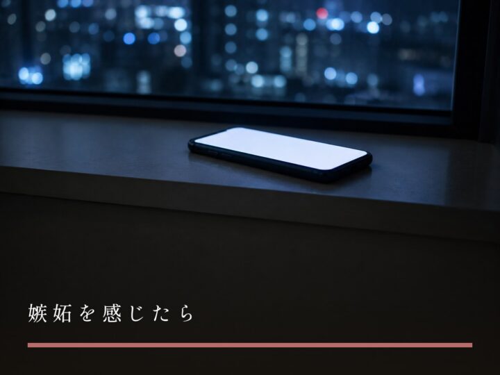 夜の窓辺に置かれた、画面のついたままのスマートフォン（嫉妬を感じたら）