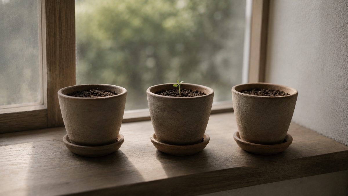 窓辺に並べた三つの鉢のうち、一つだけ芽が出ている