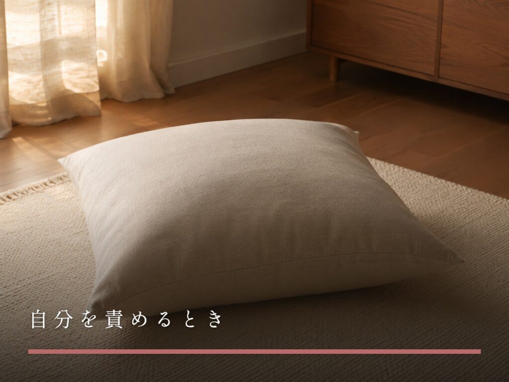 照明を落とした部屋の床のラグに置かれた大きなクッションひとつ（自分を責めるとき）