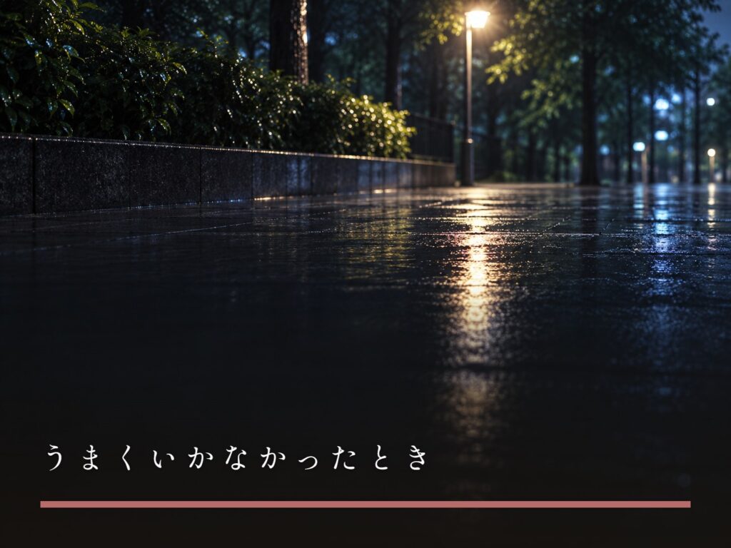 夜の雨上がりの舗道に、街灯の光がにじんで映っている（うまくいかなかったとき）