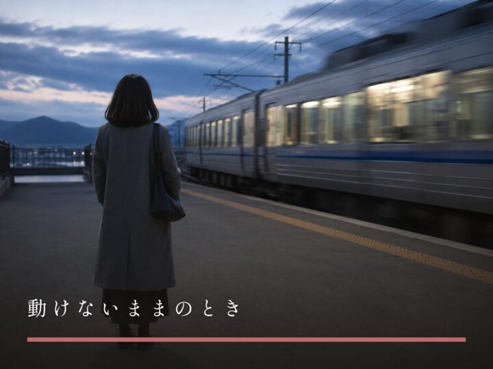 駅のホームで電車を見送り、乗らずに立っている人の後ろ姿（動けないままのとき）
