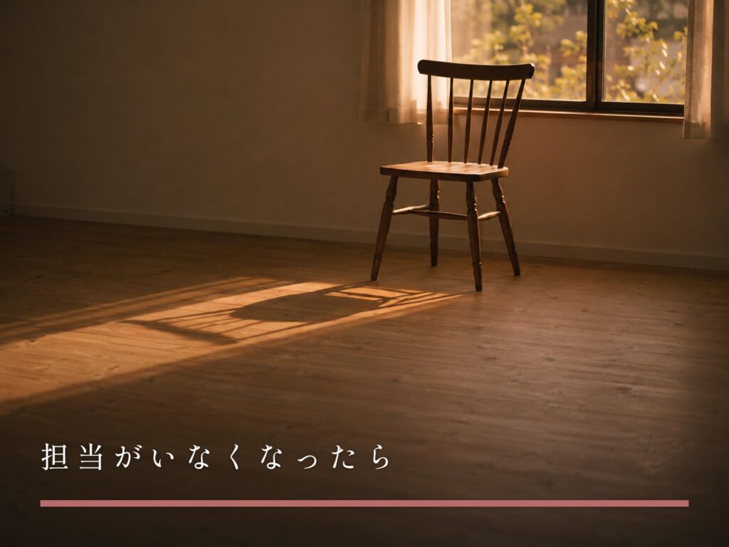 誰も座っていない椅子と、窓から差し込む夕方の光（担当がいなくなったら）
