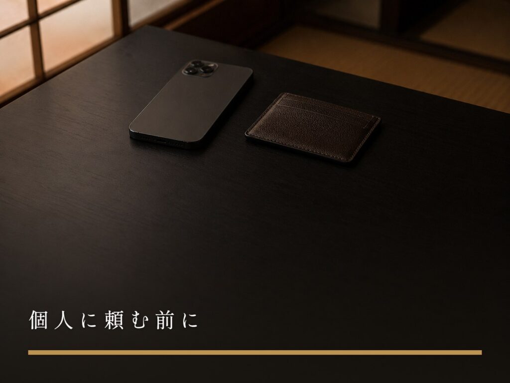 画面が伏せられたスマートフォンと名刺入れ（個人に頼む前に）