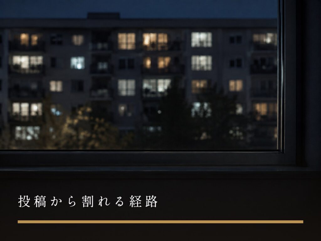 夜、窓の外に見える集合住宅。部屋ごとに明かりがついている（投稿から割れる経路）