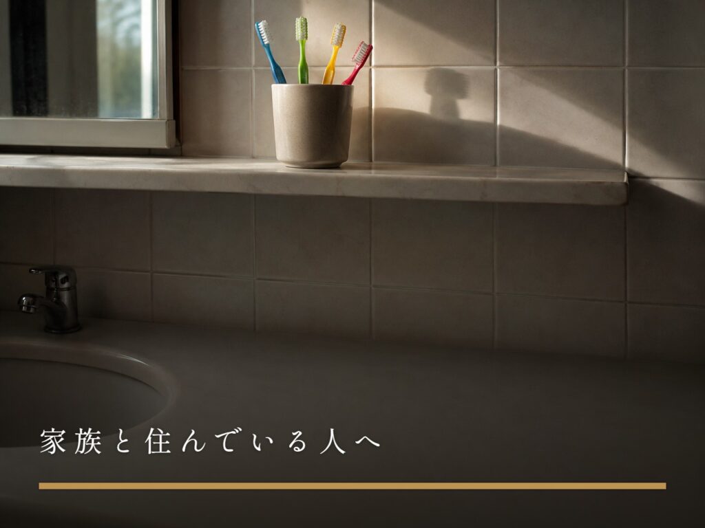 洗面所の棚にコップで立てられた色違いの歯ブラシ4本（家族と住んでいる人へ）