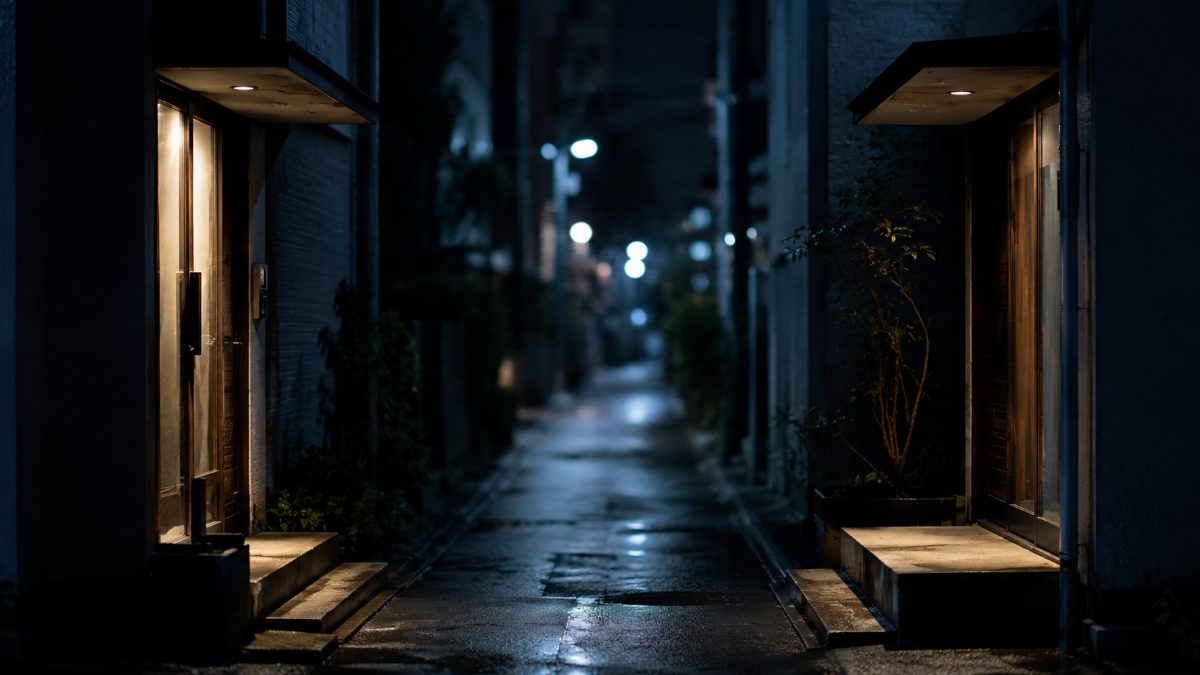 夜の通りをはさんで向かい合う、二つの建物の入口