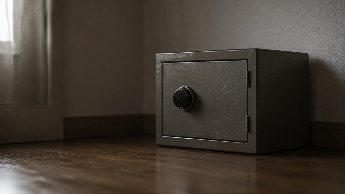 壁際に置かれた、扉の閉じた小さな金庫