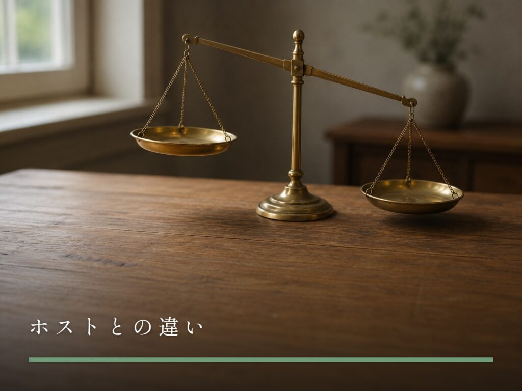 木の台に置かれた、皿が二つの小さな天秤（ホストとの違い）