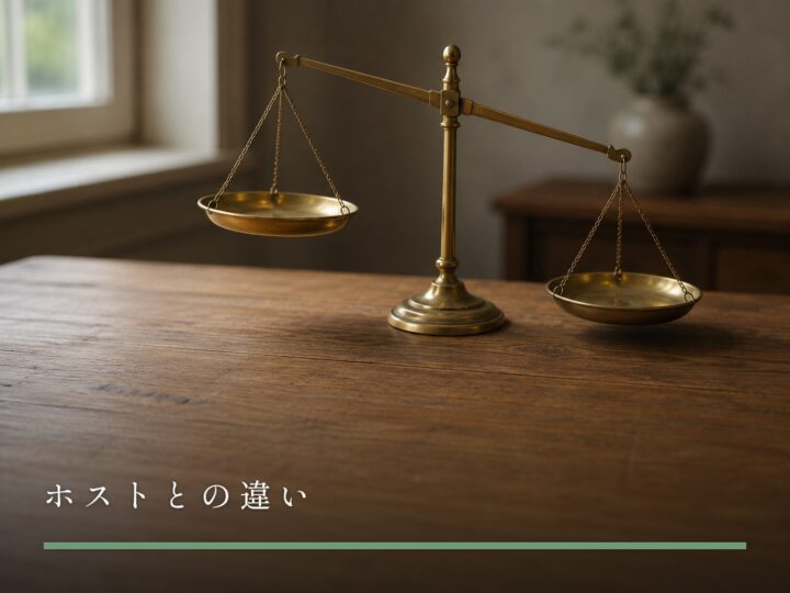 木の台に置かれた、皿が二つの小さな天秤（女風とホストの違い）