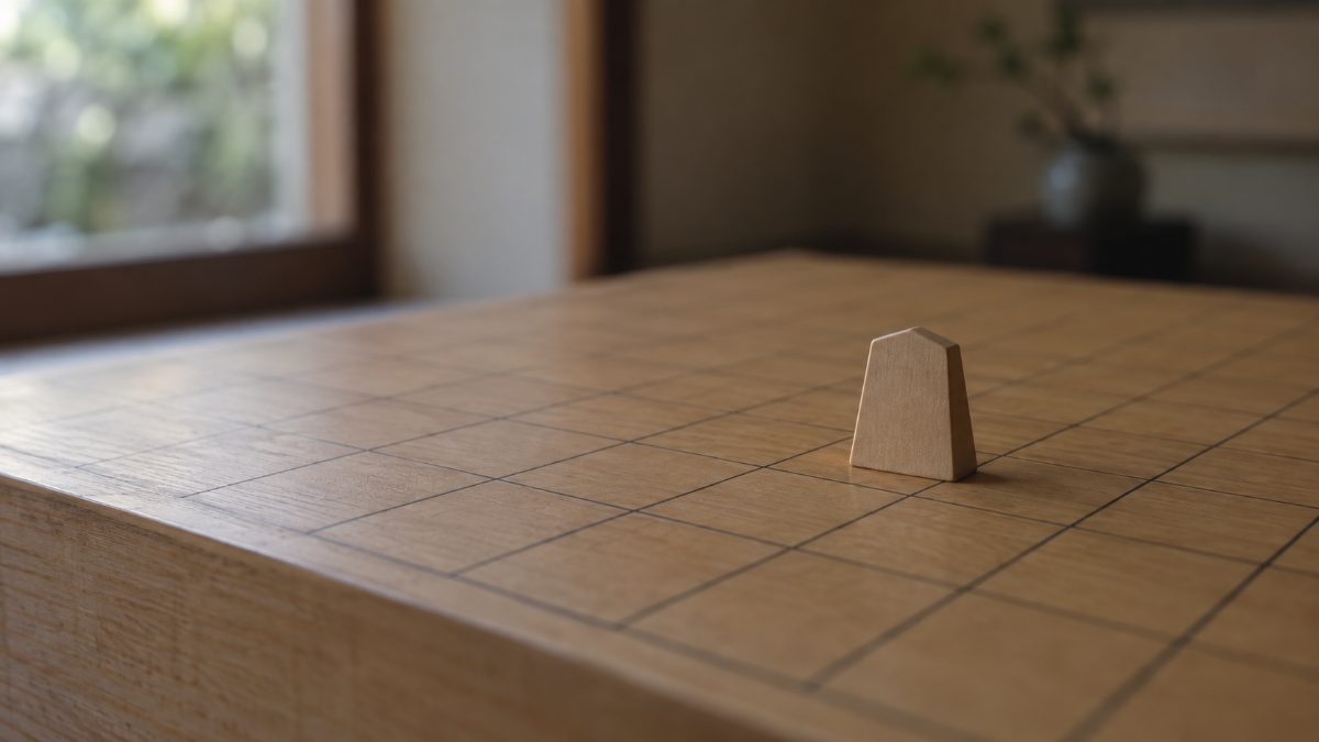 木の将棋盤に、駒が一枚だけ置かれている