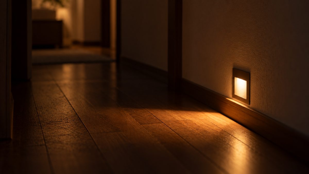 夜の廊下の床近くで、弱く灯る小さな足元灯