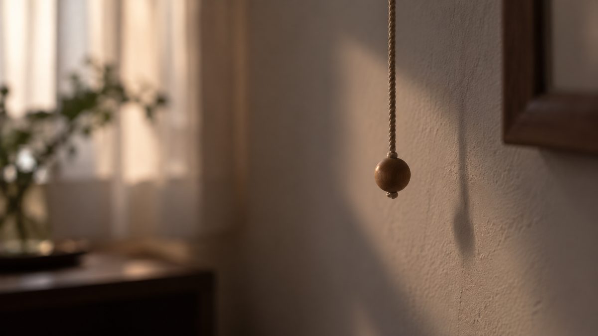 壁から下がった、照明を点けるための短い引きひも