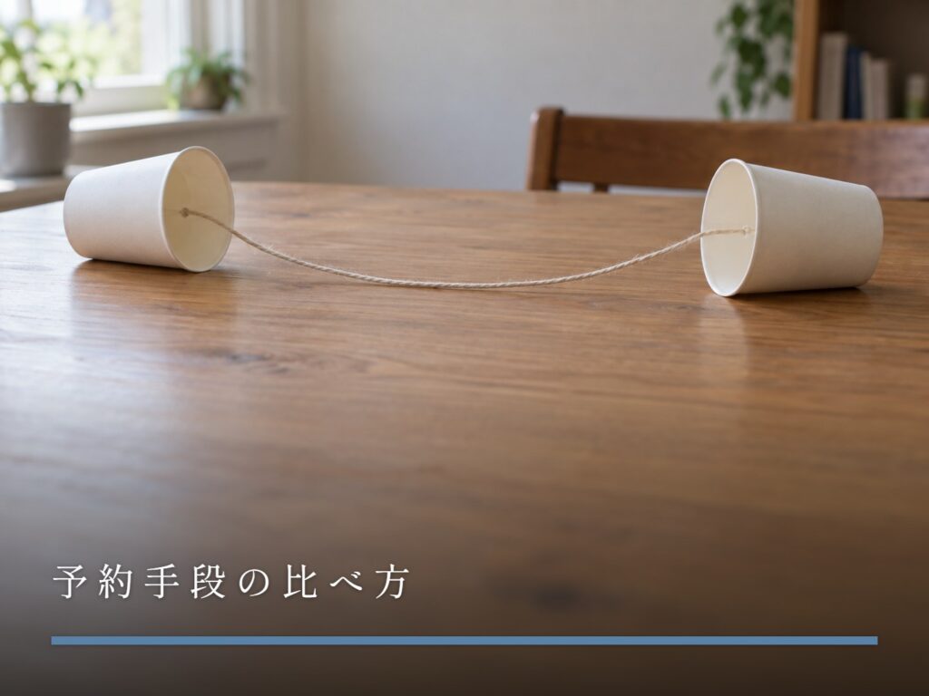木の机に置かれた糸電話。紙コップが二つと、たるんだままの糸（予約手段の比べ方）