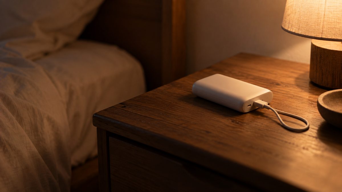 夜のナイトテーブルで、ケーブルにつながれた小さなモバイルバッテリー