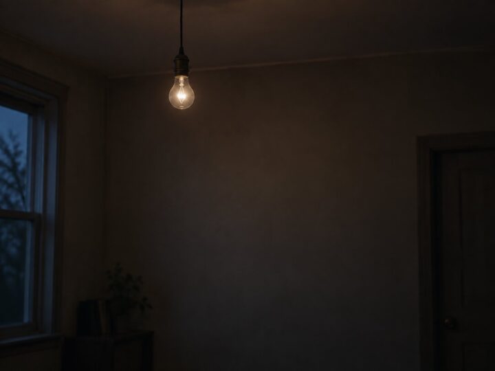 夕方の部屋に、ひとつだけ下がっている裸の電球