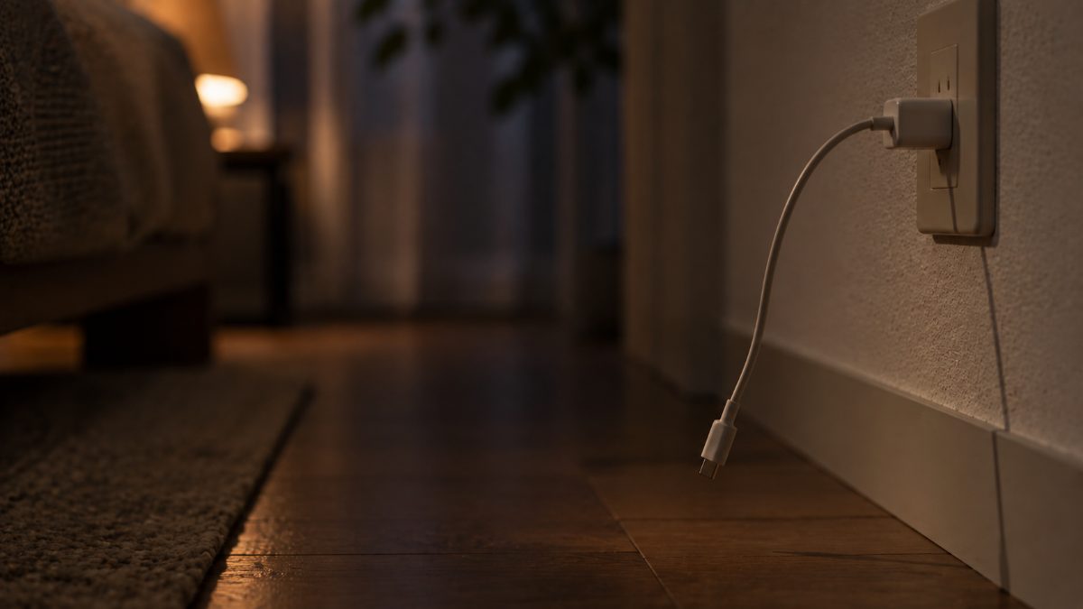 壁のコンセントに挿したままの、何もつながっていない充電ケーブル