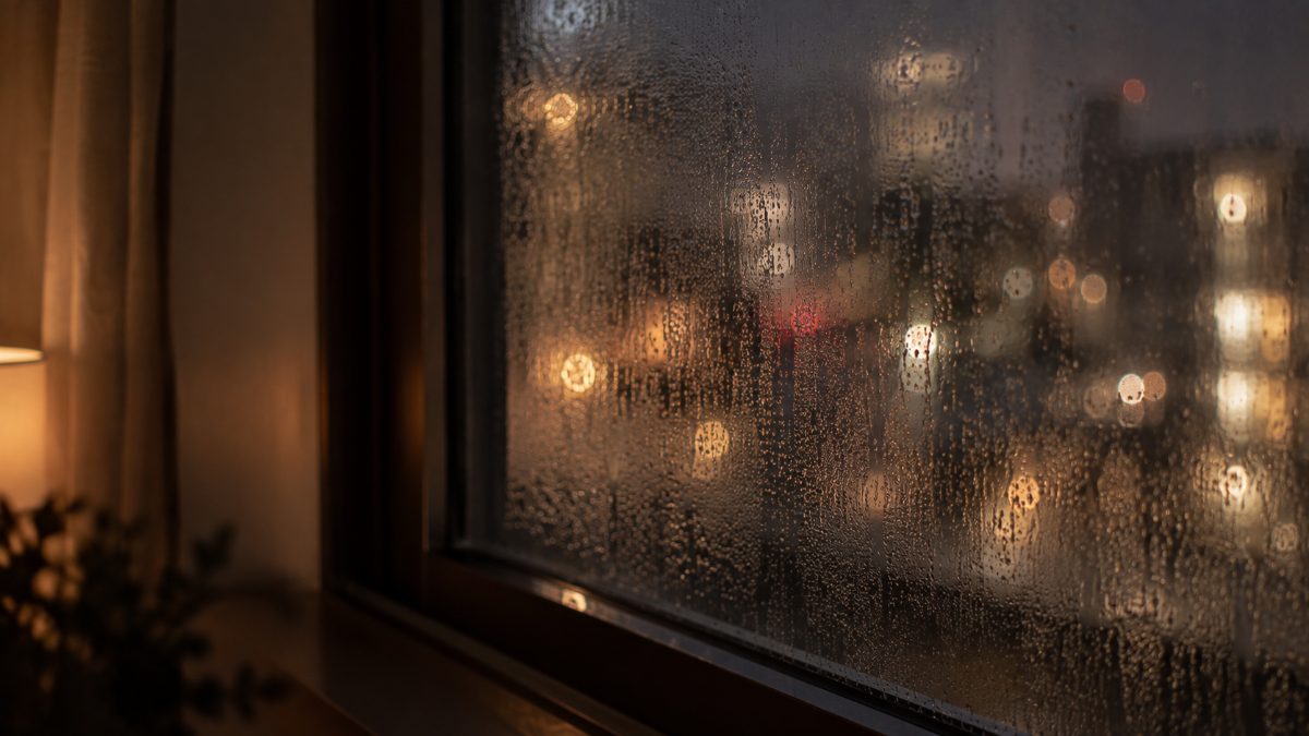 夜の窓ガラスについた、細かな結露