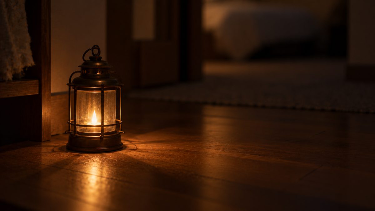 夜の部屋の床に置かれた、弱く灯る小さなランタン