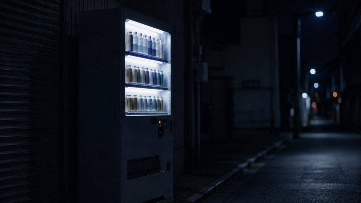 深夜の道に、自動販売機の明かりだけが灯っている