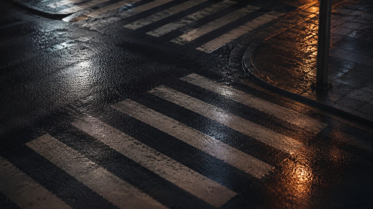 雨に濡れた交差点の横断歩道の白線