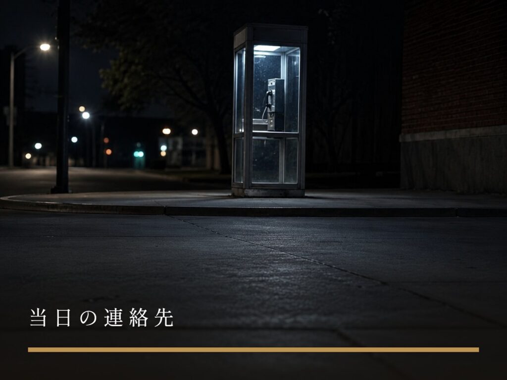 夜の街角に立つ、明かりのついた公衆電話ボックス（当日の連絡先）