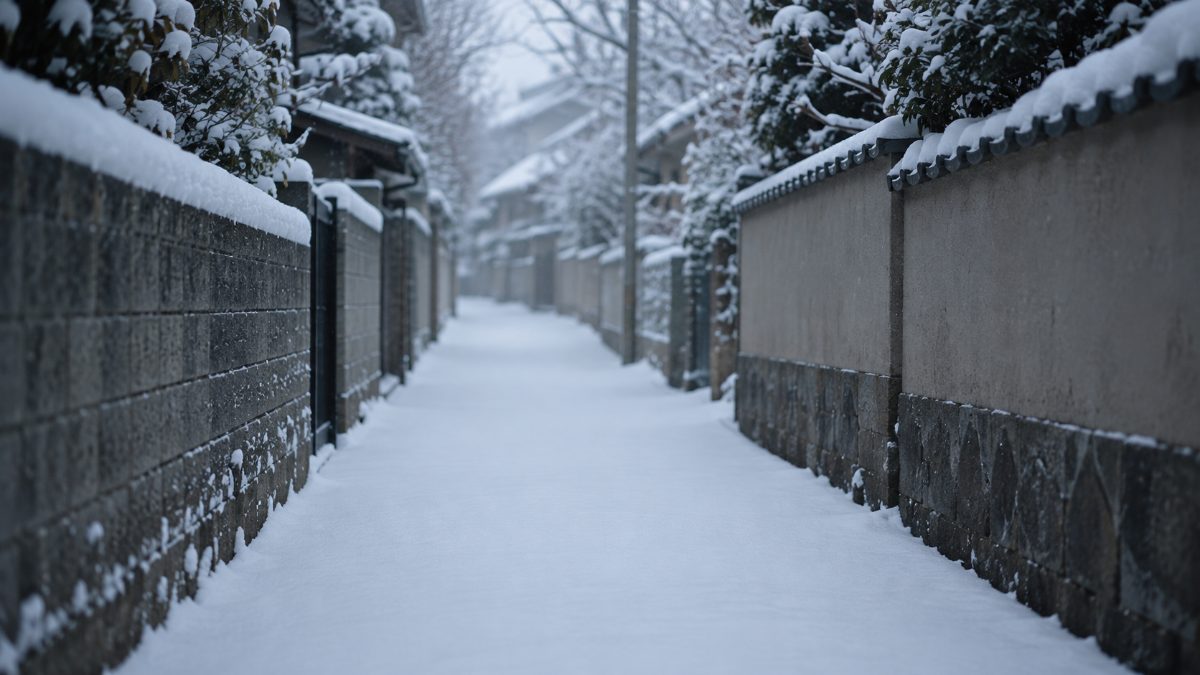 足跡のひとつもない、雪の積もった細い道